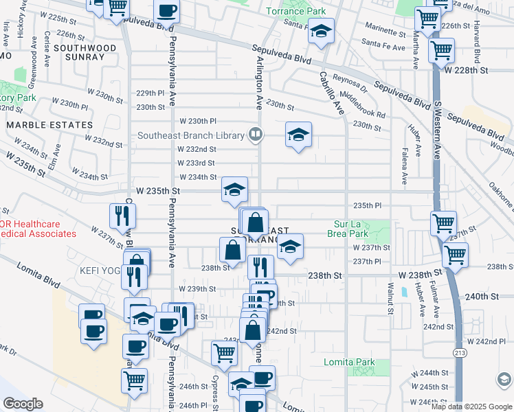 map of restaurants, bars, coffee shops, grocery stores, and more near 23525 Arlington Avenue in Torrance