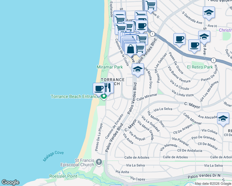 map of restaurants, bars, coffee shops, grocery stores, and more near 205 Vía Riviera in Redondo Beach