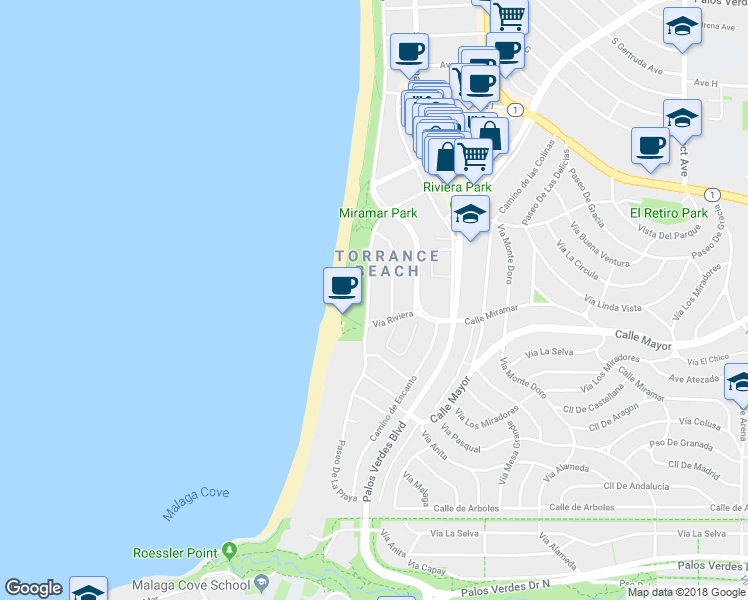 map of restaurants, bars, coffee shops, grocery stores, and more near 361 Paseo De La Playa in Torrance