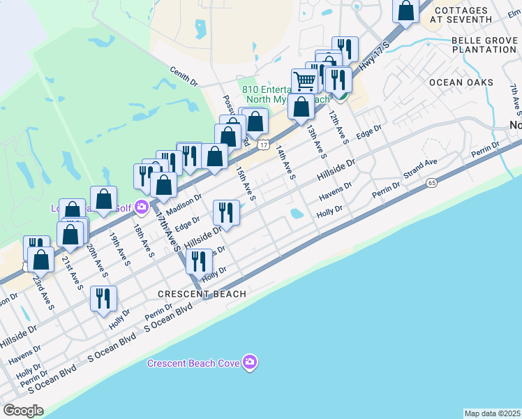 map of restaurants, bars, coffee shops, grocery stores, and more near 1503B Hillside Drive in North Myrtle Beach