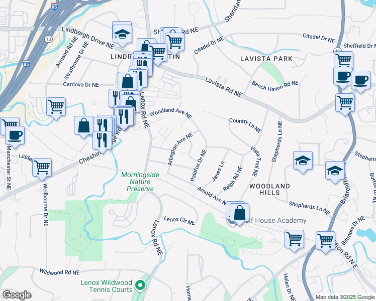 map of restaurants, bars, coffee shops, grocery stores, and more near 1118 Arlington Parkway Northeast in Atlanta
