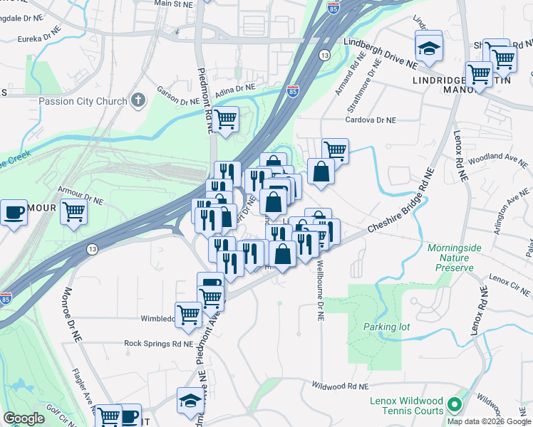 map of restaurants, bars, coffee shops, grocery stores, and more near 2067 Telfair Circle Northeast in Atlanta