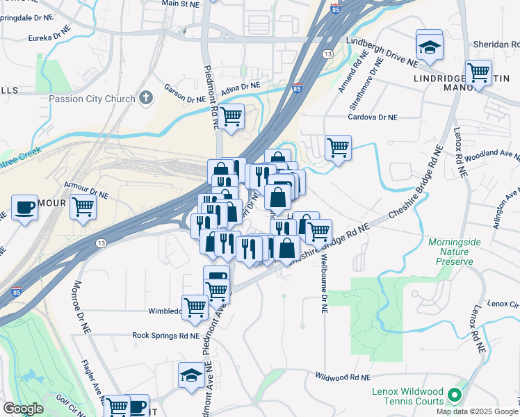 map of restaurants, bars, coffee shops, grocery stores, and more near 580 Bismark Road Northeast in Atlanta
