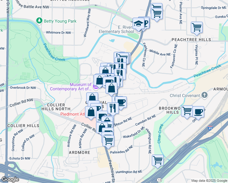 map of restaurants, bars, coffee shops, grocery stores, and more near 2060 Peachtree Road in Atlanta