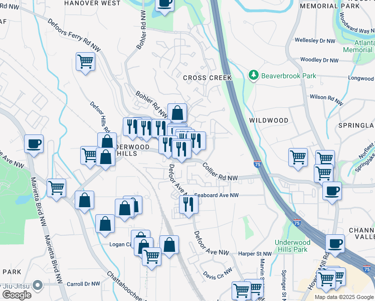 map of restaurants, bars, coffee shops, grocery stores, and more near 1209 Collier Road Northwest in Atlanta