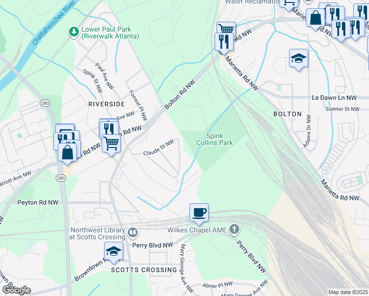 map of restaurants, bars, coffee shops, grocery stores, and more near 2059 Claude Street Northwest in Atlanta