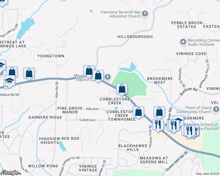 map of restaurants, bars, coffee shops, grocery stores, and more near 5812 Cobblestone Creek Circle in Mableton