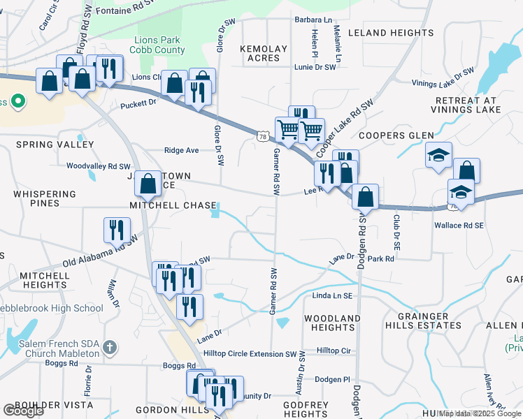 map of restaurants, bars, coffee shops, grocery stores, and more near 5851 Lone Oak Drive Southwest in Mableton