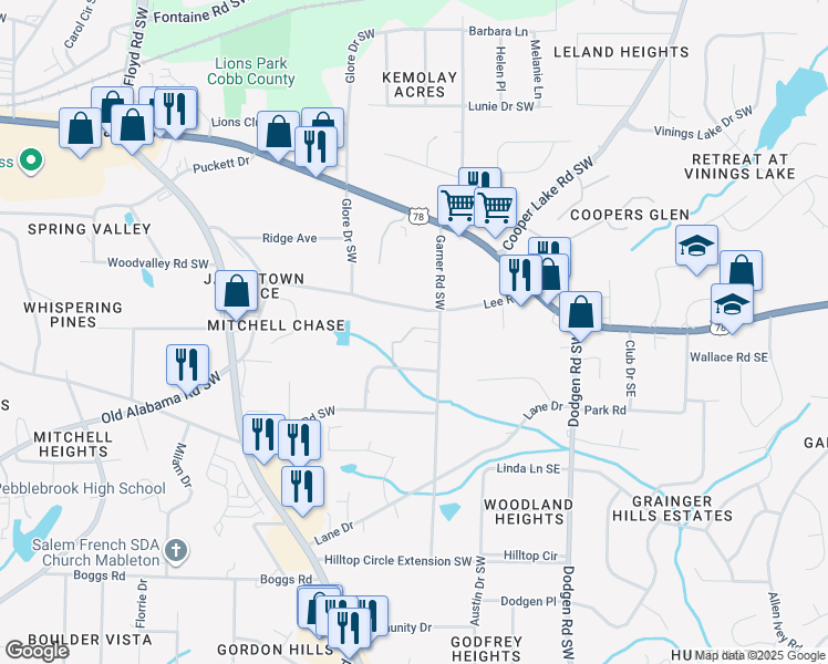 map of restaurants, bars, coffee shops, grocery stores, and more near 5851 Lone Oak Drive Southwest in Mableton