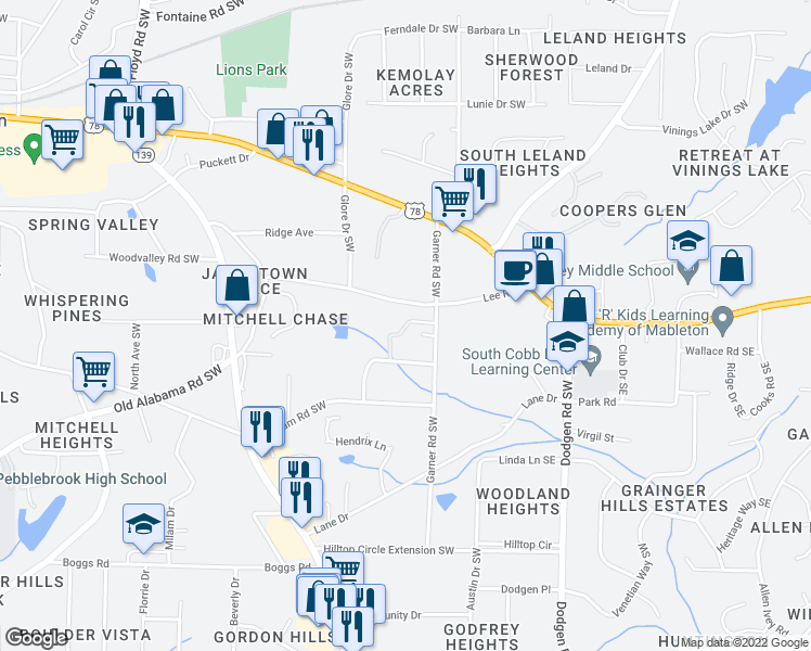 map of restaurants, bars, coffee shops, grocery stores, and more near 5851 Lone Oak Drive Southwest in Mableton