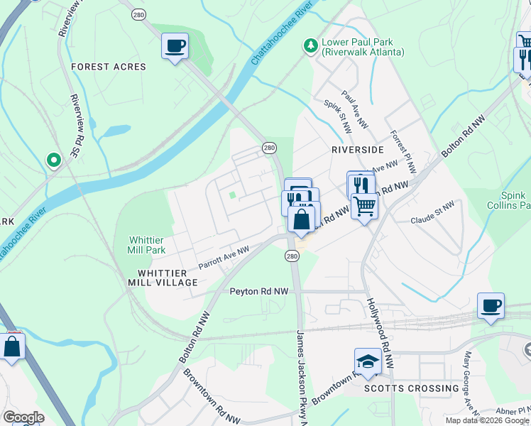 map of restaurants, bars, coffee shops, grocery stores, and more near 2066 Hatteras Way Northwest in Atlanta