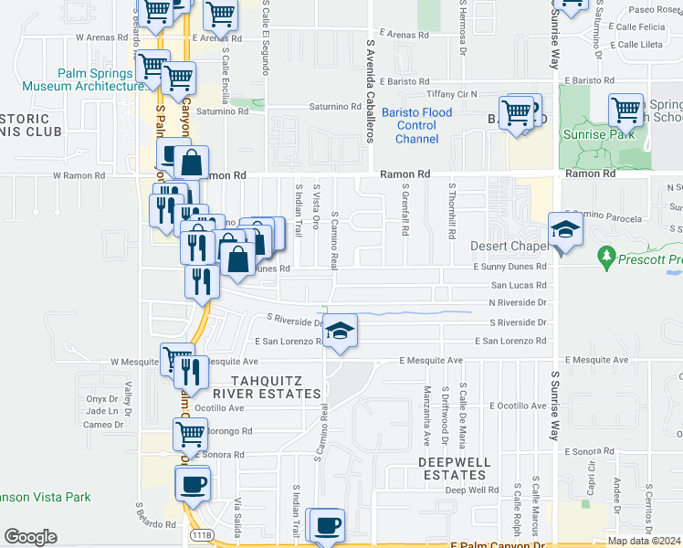 map of restaurants, bars, coffee shops, grocery stores, and more near 720 South Camino Real in Palm Springs
