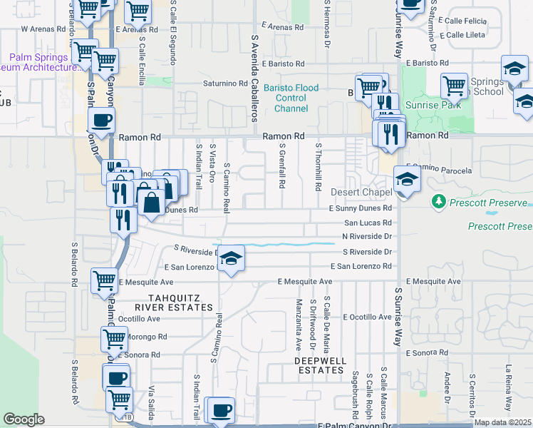map of restaurants, bars, coffee shops, grocery stores, and more near 955 East Sunny Dunes Road in Palm Springs