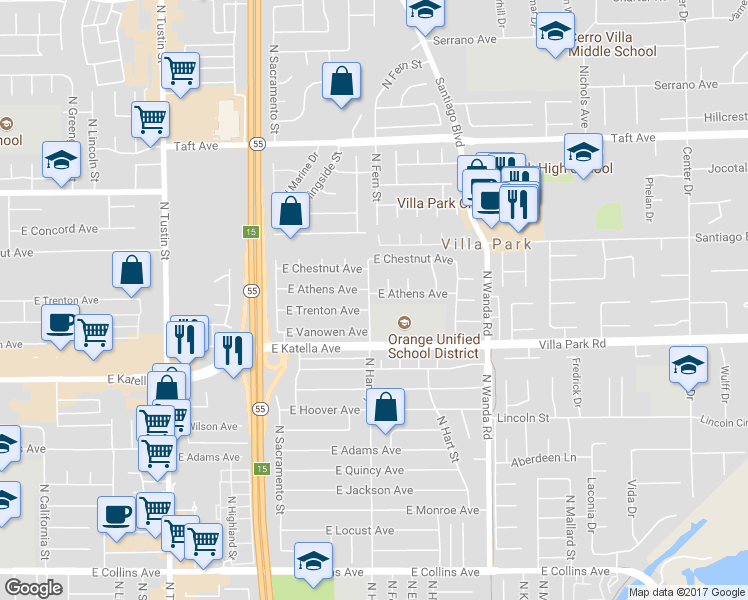 map of restaurants, bars, coffee shops, grocery stores, and more near 1401 North Handy Street in Orange