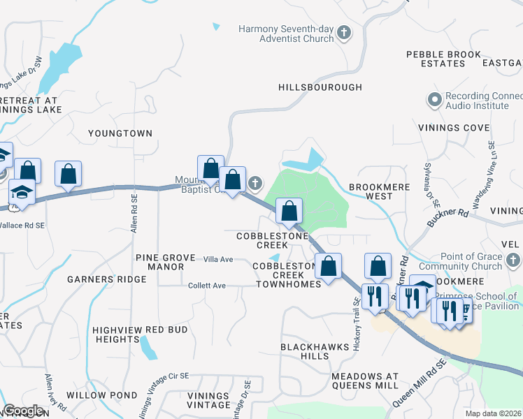 map of restaurants, bars, coffee shops, grocery stores, and more near 5812 Cobblestone Creek Circle in Mableton