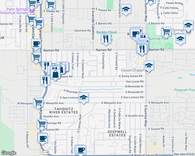 map of restaurants, bars, coffee shops, grocery stores, and more near 955 East Sunny Dunes Road in Palm Springs