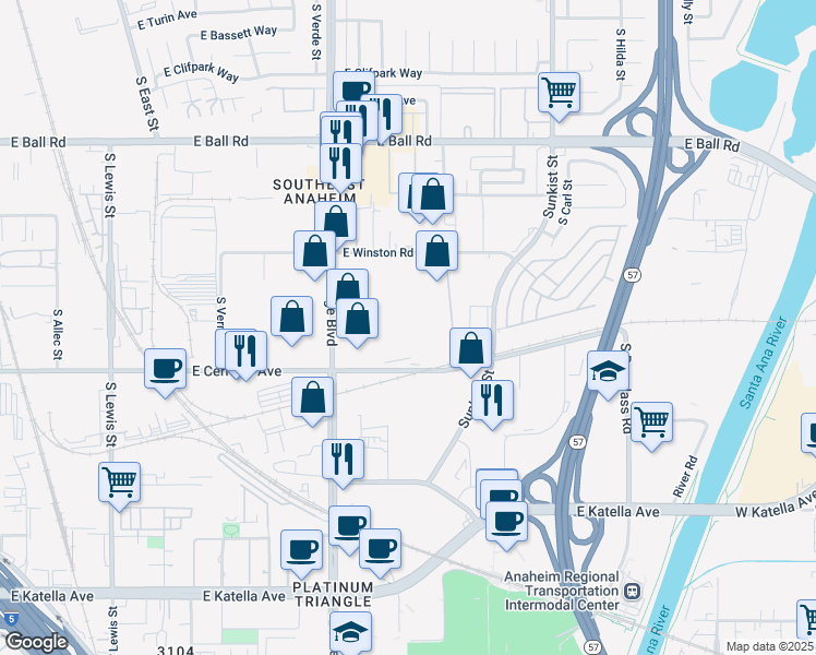 map of restaurants, bars, coffee shops, grocery stores, and more near 2201 East Cerritos Avenue in Anaheim