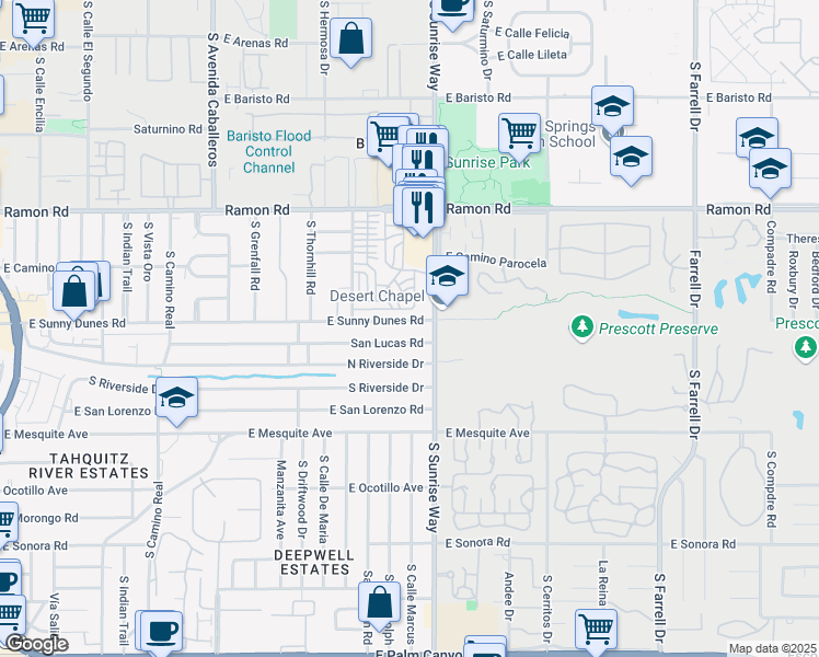map of restaurants, bars, coffee shops, grocery stores, and more near 1629 East Sunny Dunes Road in Palm Springs