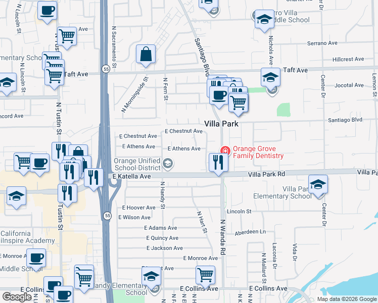 map of restaurants, bars, coffee shops, grocery stores, and more near 2706 East Athens Avenue in Orange