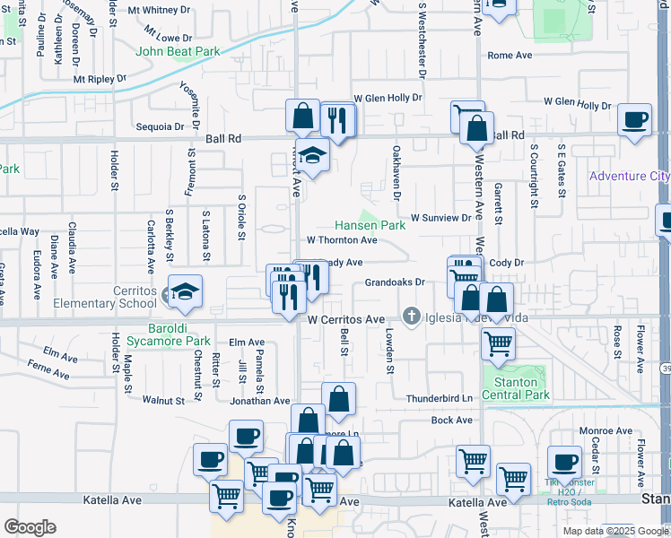 map of restaurants, bars, coffee shops, grocery stores, and more near 3426 West Brady Avenue in Anaheim