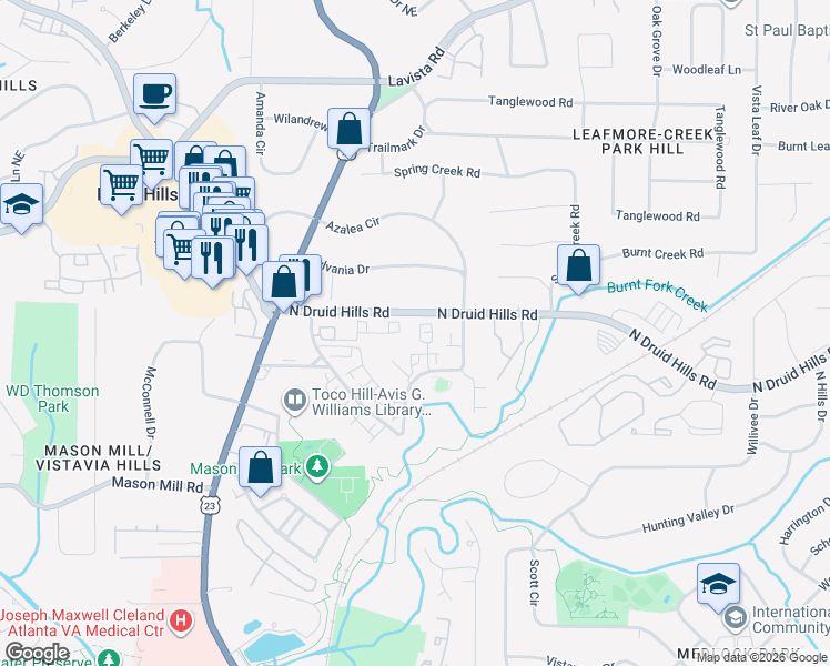 map of restaurants, bars, coffee shops, grocery stores, and more near 1043 North Jamestown Road in Decatur