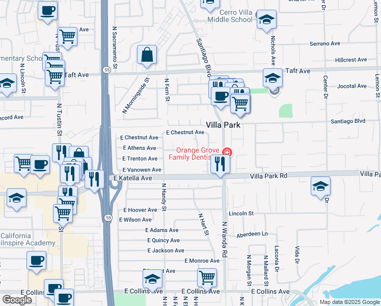 map of restaurants, bars, coffee shops, grocery stores, and more near 2706 East Athens Avenue in Orange