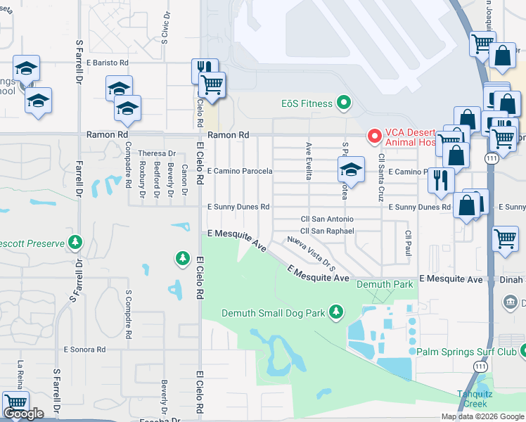 map of restaurants, bars, coffee shops, grocery stores, and more near 737 El Placer Road in Palm Springs