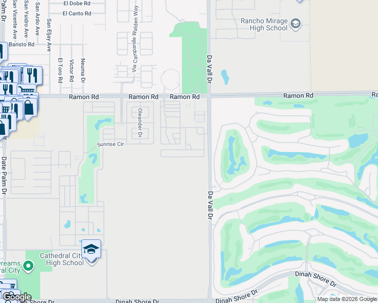 map of restaurants, bars, coffee shops, grocery stores, and more near 69801 Ramon Road in Cathedral City