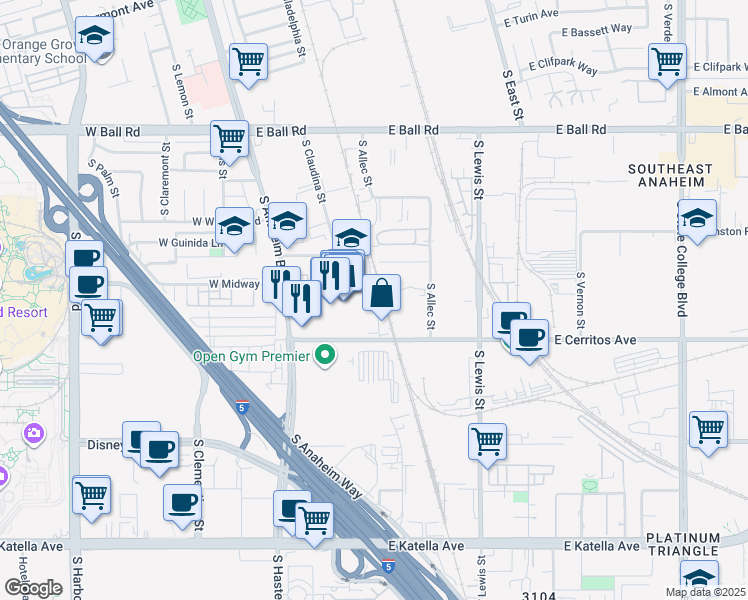 map of restaurants, bars, coffee shops, grocery stores, and more near 333 East Cerritos Avenue in Anaheim