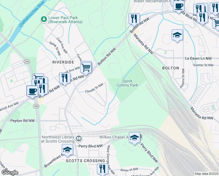 map of restaurants, bars, coffee shops, grocery stores, and more near 2059 Claude Street Northwest in Atlanta