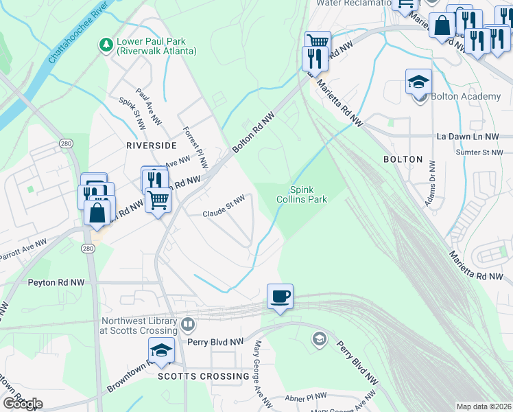 map of restaurants, bars, coffee shops, grocery stores, and more near 2075 Claude Street Northwest in Atlanta