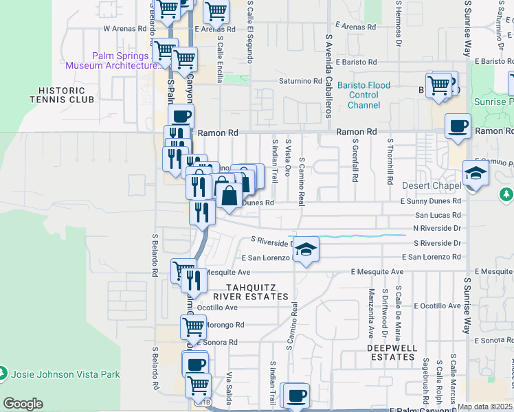 map of restaurants, bars, coffee shops, grocery stores, and more near 750 South Calle Palo Fierro in Palm Springs