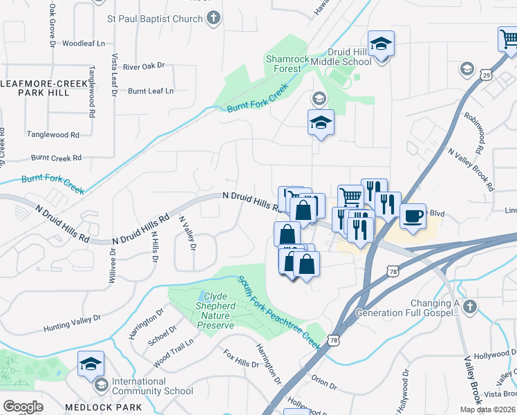 map of restaurants, bars, coffee shops, grocery stores, and more near 3743 North Druid Hills Road Northeast in Decatur