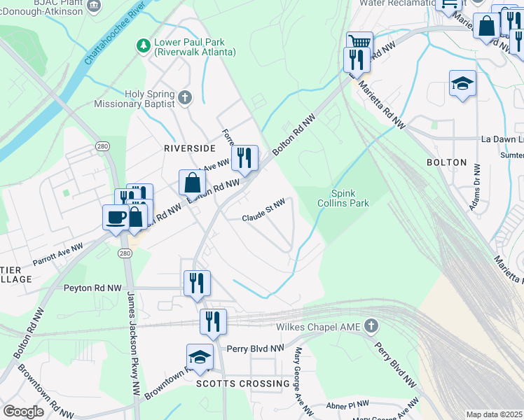 map of restaurants, bars, coffee shops, grocery stores, and more near 2435 Claude Street Northwest in Atlanta