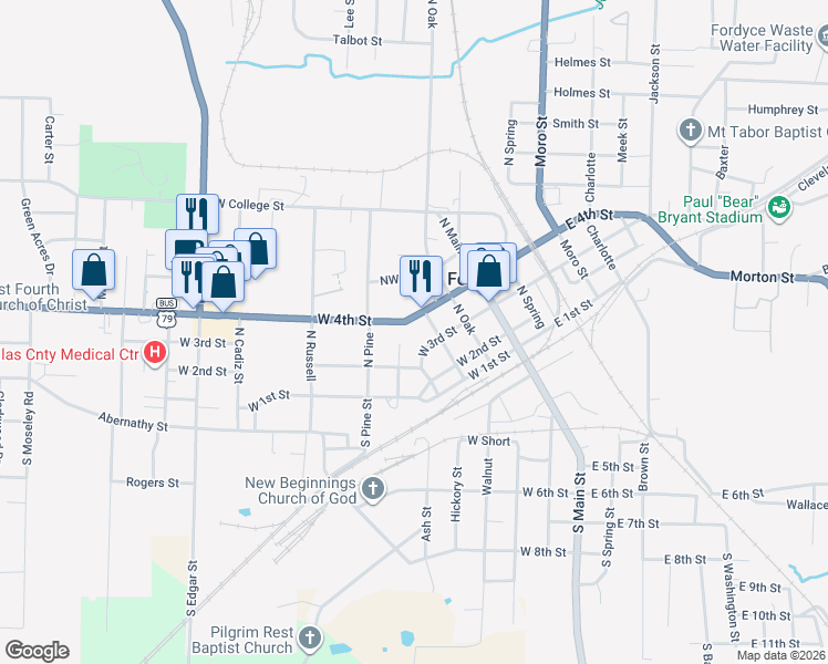 map of restaurants, bars, coffee shops, grocery stores, and more near 301-399 West 3rd Street in Fordyce