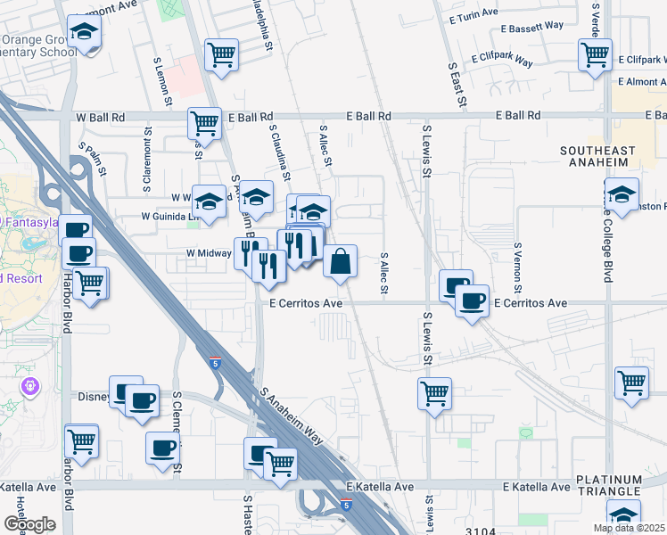 map of restaurants, bars, coffee shops, grocery stores, and more near 333 East Cerritos Avenue in Anaheim