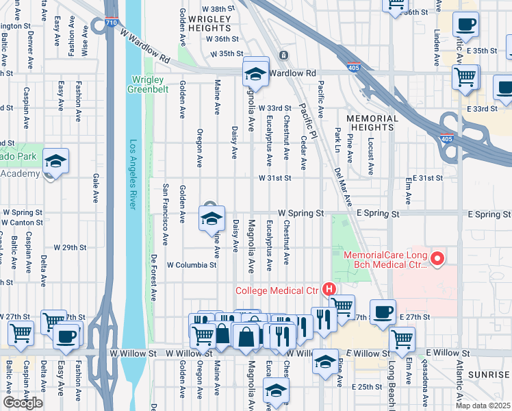 map of restaurants, bars, coffee shops, grocery stores, and more near 3020 Magnolia Avenue in Long Beach