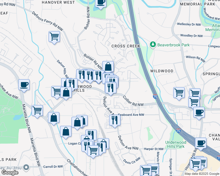 map of restaurants, bars, coffee shops, grocery stores, and more near 1014 Defoors Crossing Northwest in Atlanta