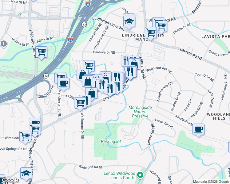 map of restaurants, bars, coffee shops, grocery stores, and more near 2070 Cheshire Bridge Road Northeast in Atlanta