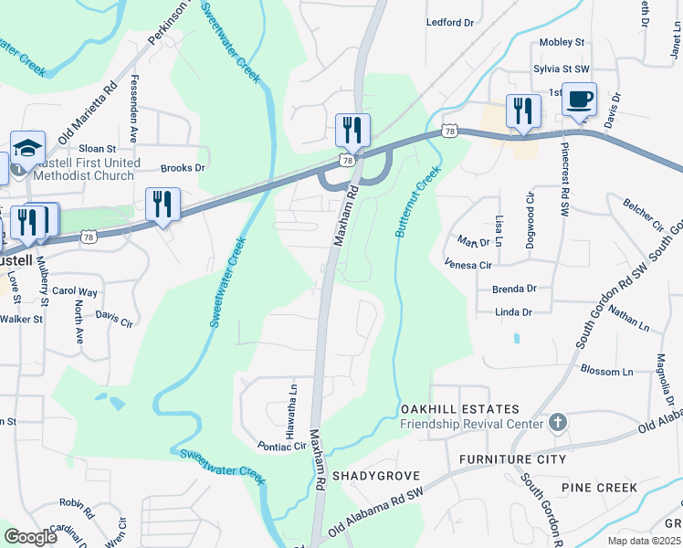 map of restaurants, bars, coffee shops, grocery stores, and more near 1125 Elowen Drive in Austell