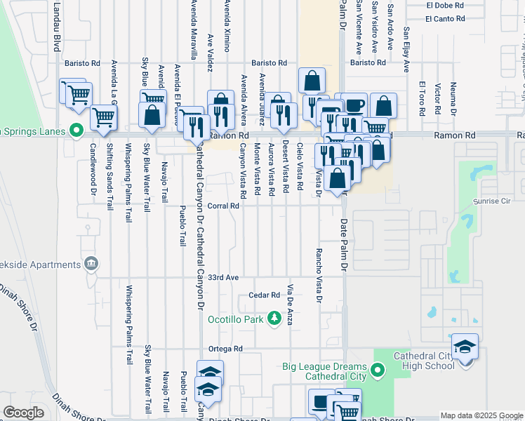 map of restaurants, bars, coffee shops, grocery stores, and more near 32620 Monte Vista Road in Cathedral City