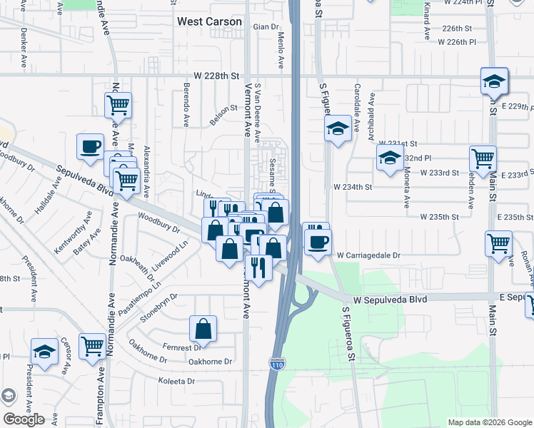 map of restaurants, bars, coffee shops, grocery stores, and more near 812 Coriander Drive in Torrance
