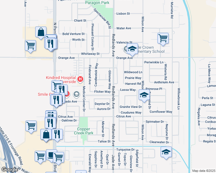 map of restaurants, bars, coffee shops, grocery stores, and more near 2188 Glimmer Way in Perris