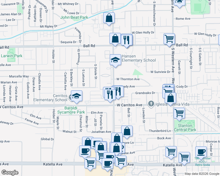 map of restaurants, bars, coffee shops, grocery stores, and more near 3501 West Greentree Circle in Anaheim
