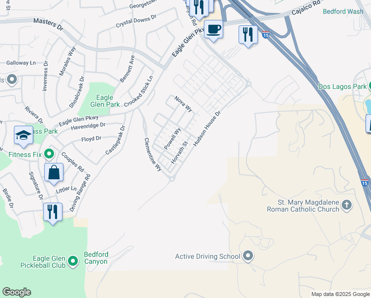 map of restaurants, bars, coffee shops, grocery stores, and more near 4235 Horvath Street in Corona