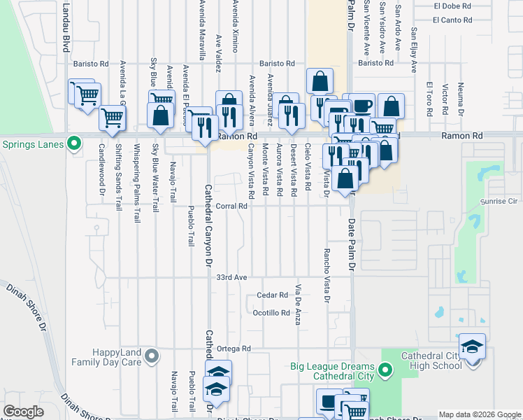 map of restaurants, bars, coffee shops, grocery stores, and more near 32620 Monte Vista Road in Cathedral City