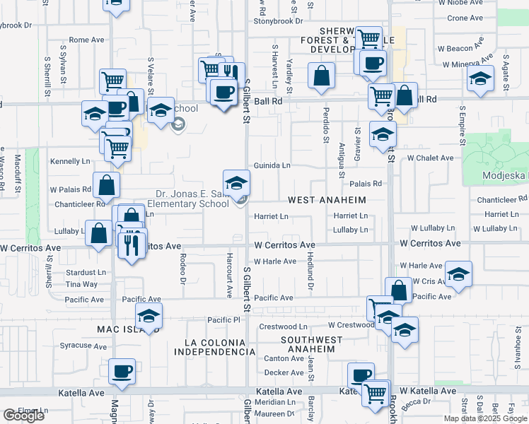 map of restaurants, bars, coffee shops, grocery stores, and more near 9551 Harriet Lane in Anaheim