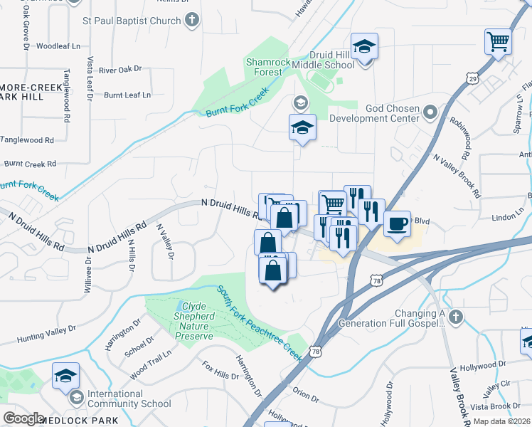 map of restaurants, bars, coffee shops, grocery stores, and more near 3786 N Druid Hills Rd in Decatur