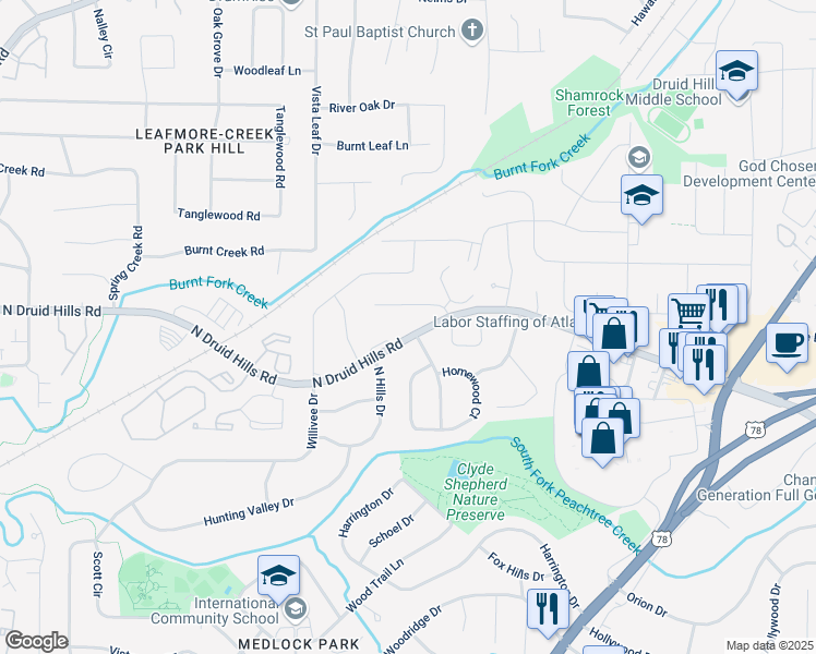map of restaurants, bars, coffee shops, grocery stores, and more near 3614 North Druid Hills Road in Decatur