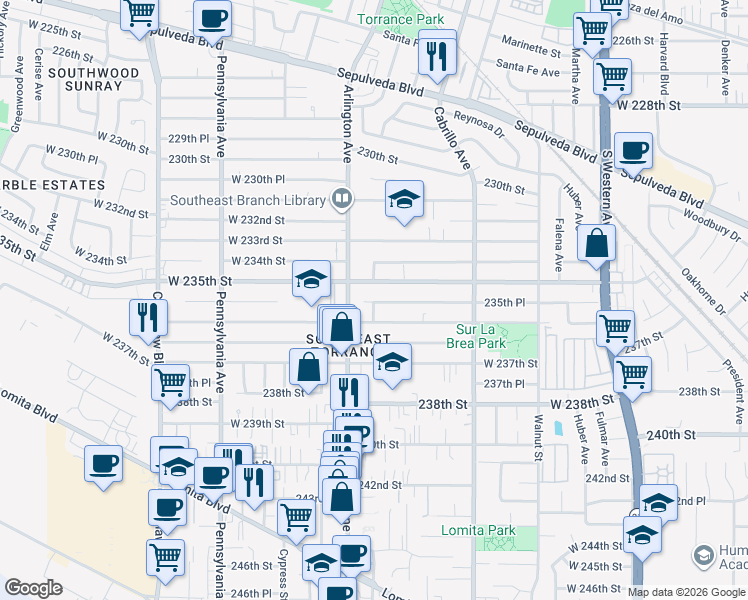 map of restaurants, bars, coffee shops, grocery stores, and more near 2145 235th Place in Torrance